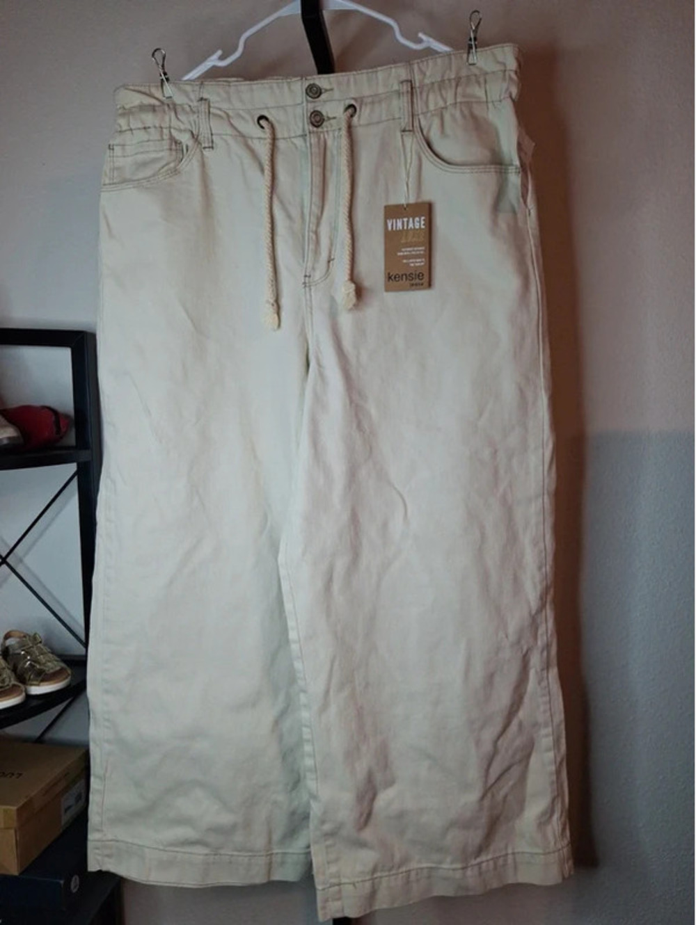 Kensie Cream Wide-leg Denim Pants with Drawstring Waist NWT size 10/30